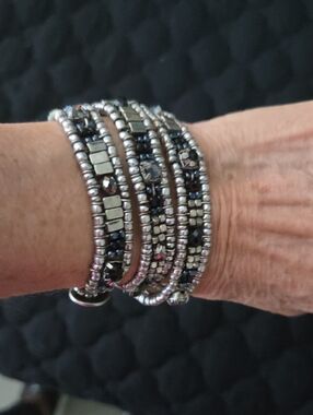 Silver and Black Beaded Wrap Bracelet - Women Jewelry